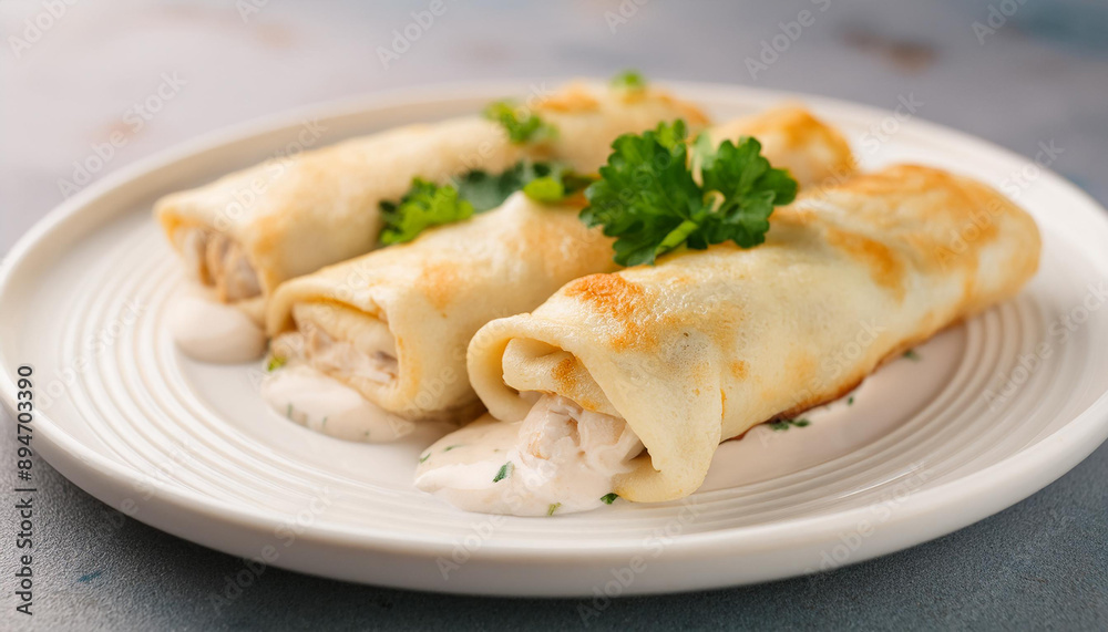 Rolled pancakes stuffed with chicken and creamy sauce parsley. Tasty dish. Delicious meal. Close-up. Rolled pancakes stuffed with chicken and creamy sauce parsley. Tasty dish. Delicious meal. Close-up.