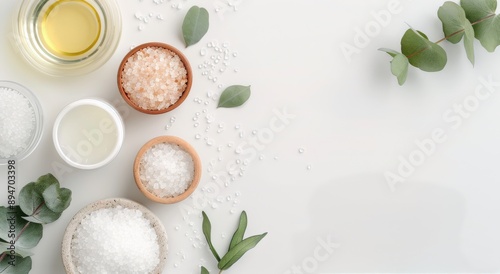 Salt and Oil With Eucalyptus Leaves on White Background