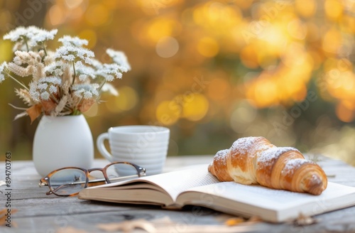 Autumn Table With Croissant and Flowers