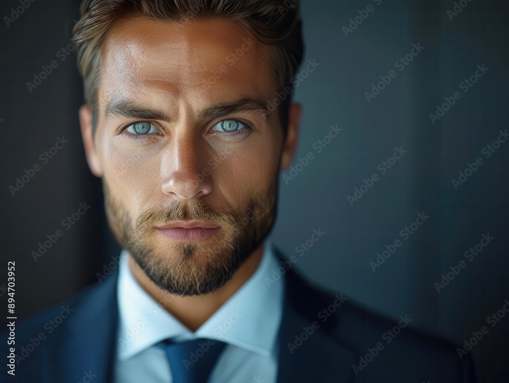 Confident businessman with piercing blue eyes, showcasing professionalism and charisma in a stylish suit. Confident businessman with piercing blue eyes, showcasing professionalism and charisma in a stylish suit.