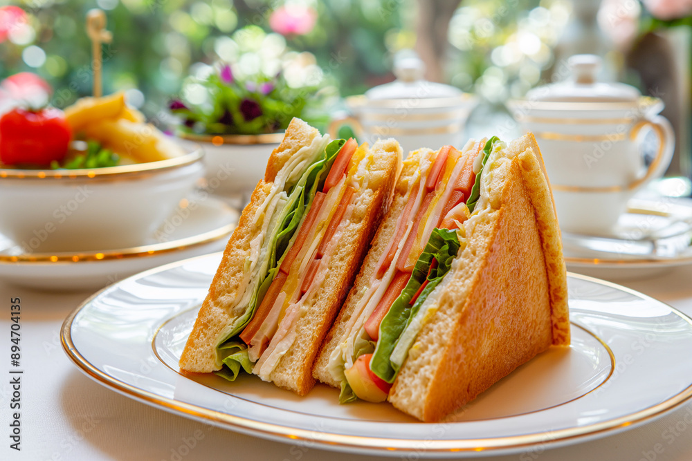 tasty and delicious club sandwich with ham, bacon, cheese and tomato, toasted bread, breakfast toast