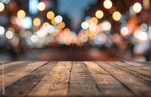 Nighttime City Lights With Wooden Table
