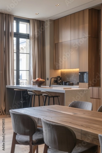 interior of modern kitchen with dining table and chairs.