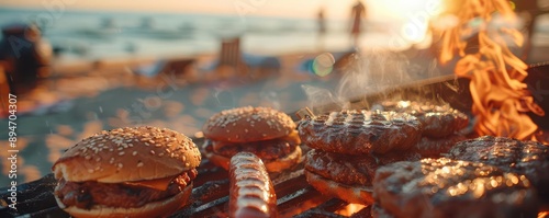 Delicious burgers and juicy steaks grilling on a beach at sunset, creating a perfect summer barbecue atmosphere.