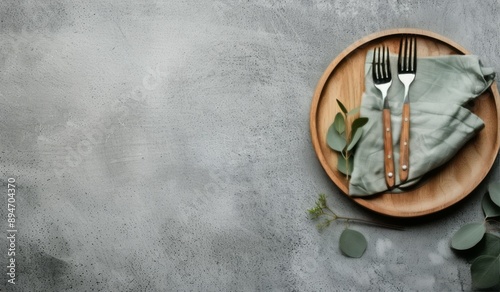 Wooden Plate With Silverware and Napkin