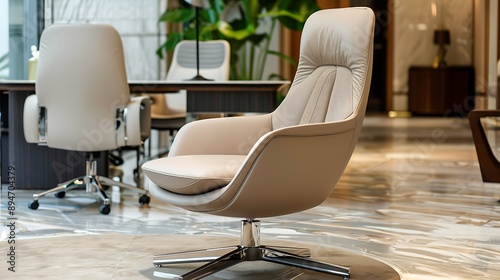 Contemporary swivel chair with leather upholstery and chrome base in a chic office