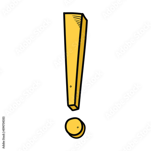 Hand drawn cartoon yellow exclamation mark on white background.