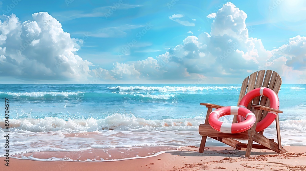 Summer beach concept with a chair and inflatable ring on sandy shore. Summer beach concept with a chair and inflatable ring on sandy shore.