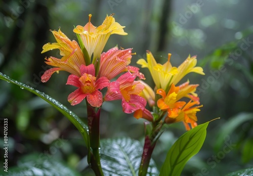 A close up of colorful tropical flowers and foliage in the heart of the Amazon