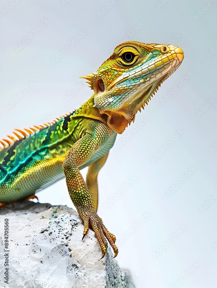 Fototapeta premium Captivating Lizard Portrait Against Stark White Backdrop with Iridescent Scales