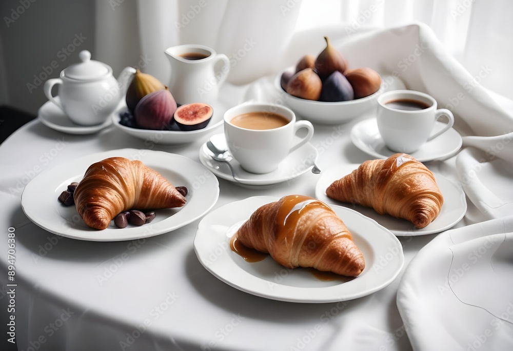 Breakfast with a croissant, fruit, and freshly squeezed orange juice. Freshly prepared breakfast on a light background. Breakfast with a croissant, fruit, and freshly squeezed orange juice. Freshly prepared breakfast on a light background.