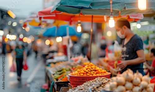 Colorful Umbrella Over Fruit Stall at Night Market