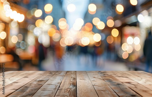 Wooden Tabletop With Blurred City Lights