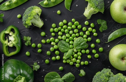 Fresh Green Peas and Pods on Black Background
