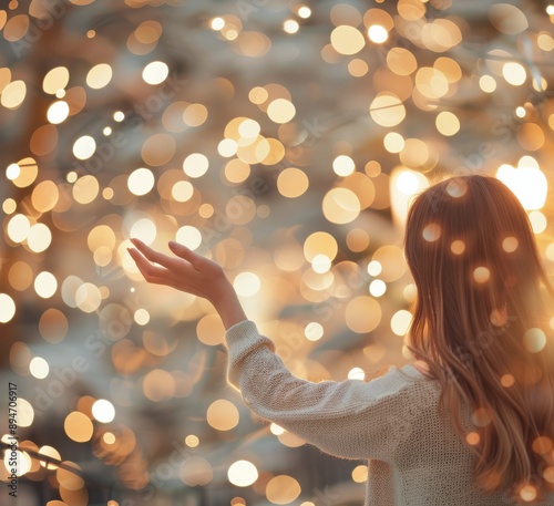 Woman Reaches for Christmas Lights