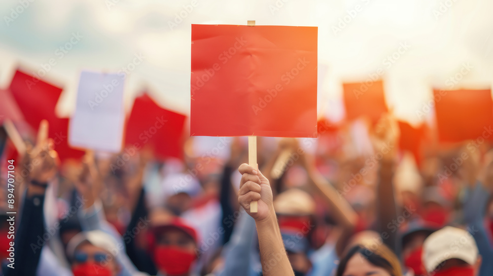 Crowd of protesters holding up red signs in a large demonstration ...