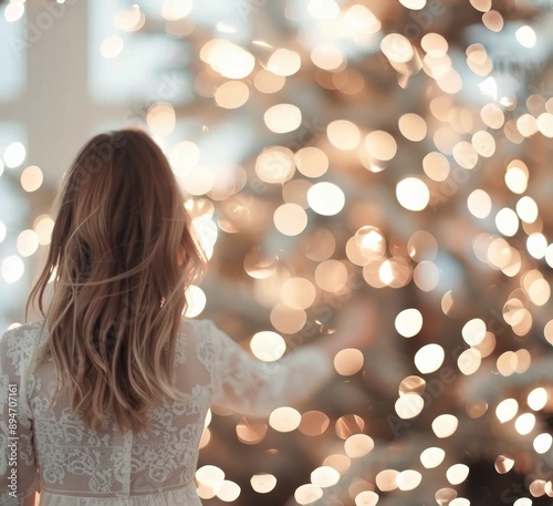 Woman Reaches for Christmas Lights