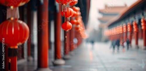 Red Lanterns Line a Temple Pathway in China