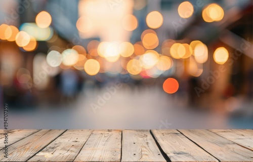 Wooden Tabletop With Blurred City Lights