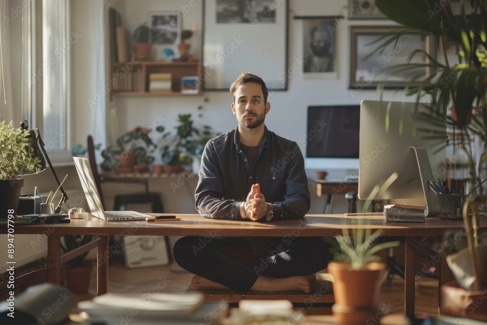 Fototapeta premium Office man sitting crosslegged on his desk, office relaxation, unconventional and informal