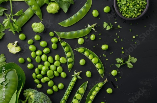 Fresh Green Peas and Pods on Black Background