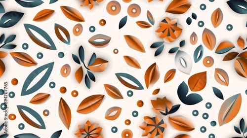 Autumnal Papercraft Paradise: A seamless pattern of meticulously crafted orange and teal paper flowers and leaves dance across a pristine white backdrop. 