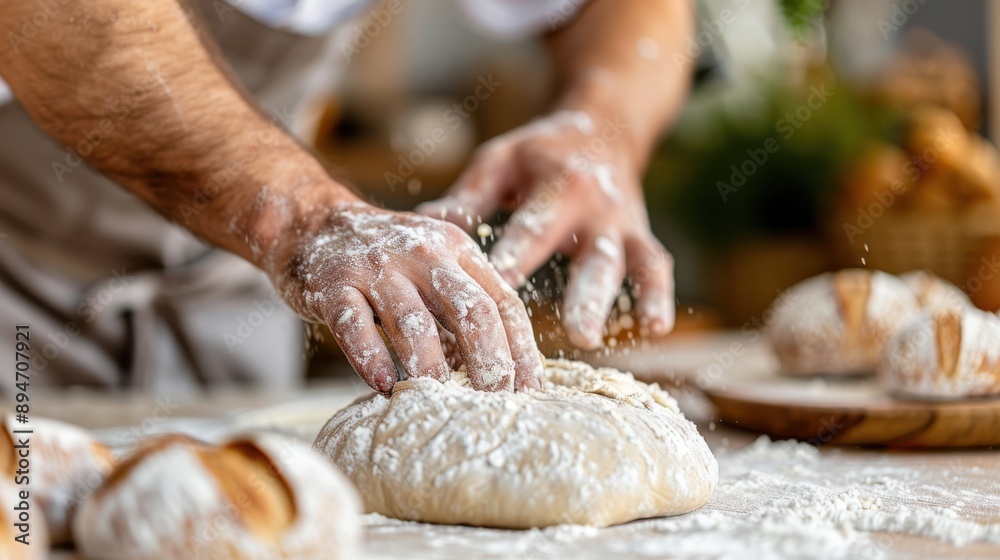 A close-up of a man's hands kneading dough on a floured work surface, showcasing the artisanal process of bread making in a rustic, authentic bakery environment. A close-up of a man's hands kneading dough on a floured work surface, showcasing the artisanal process of bread making in a rustic, authentic bakery environment.