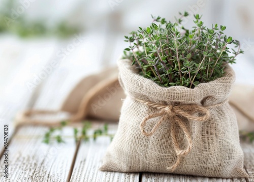 Thyme Plant in Burlap Sack on White Table