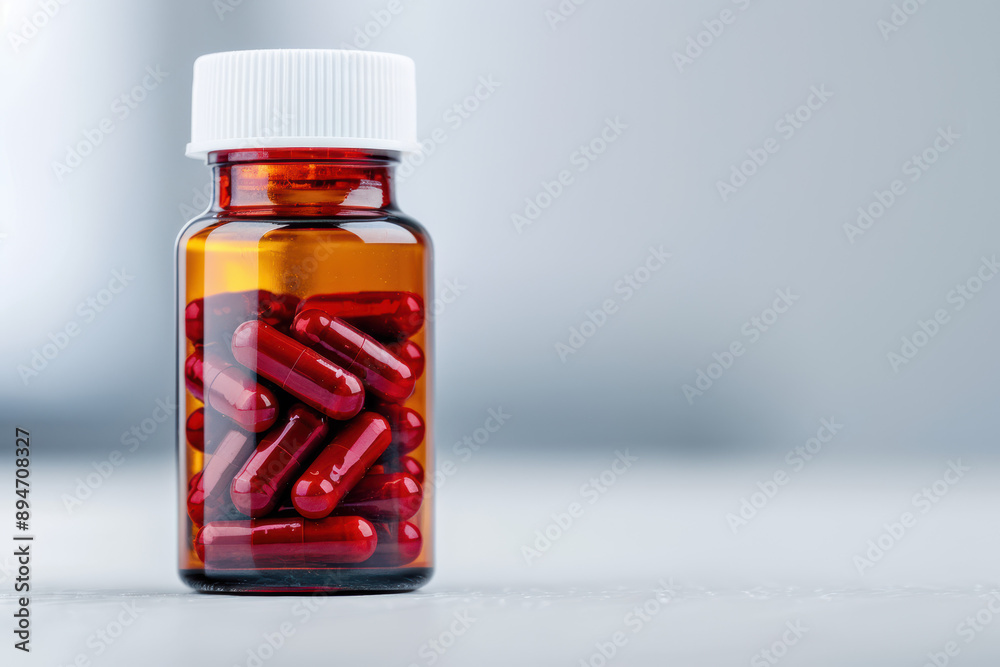 Amber glass bottle with red capsules on light background, medical and healthcare concept, close-up view. Amber glass bottle with red capsules on light background, medical and healthcare concept, close-up view.