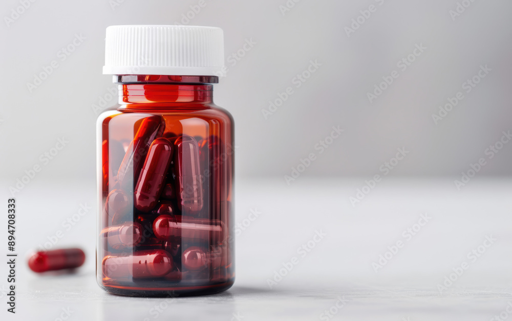 A clear image of a bottle containing red capsules placed on a light grey background, emphasizing medication, supplements, or healthcare concepts. A clear image of a bottle containing red capsules placed on a light grey background, emphasizing medication, supplements, or healthcare concepts.