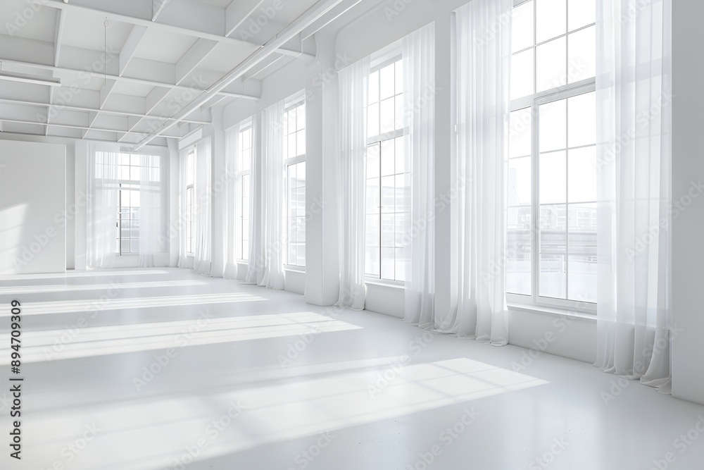 A white office with windows, light curtains in a minimalistic style, photo realistic with white walls and white floor, a wide angle shot, taken with a Sony Alpha A7 III camera. A white office with windows, light curtains in a minimalistic style, photo realistic with white walls and white floor, a wide angle shot, taken with a Sony Alpha A7 III camera.