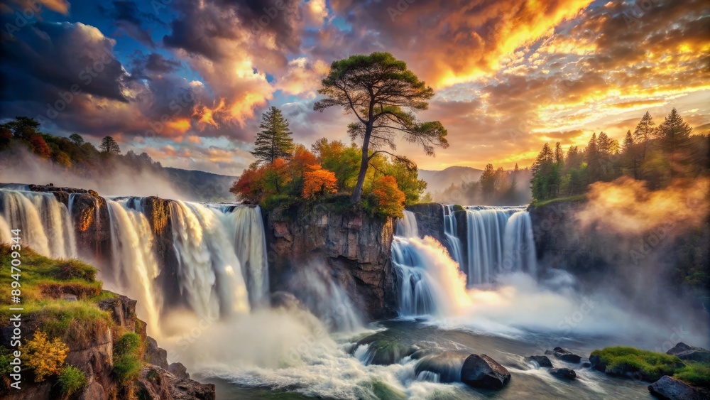 Majestic waterfall cascades down a rocky cliff, surrounded by eerie mist and vibrant colors, amidst a dramatic, dreamlike landscape of swirling clouds and ancient trees. Majestic waterfall cascades down a rocky cliff, surrounded by eerie mist and vibrant colors, amidst a dramatic, dreamlike landscape of swirling clouds and ancient trees.