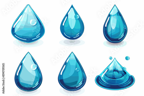 blue water droplet and drop silhouettes, vector set icons of droplets isolated on a white background