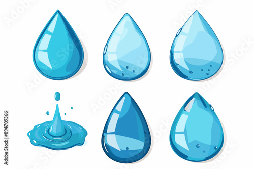 blue water droplet and drop silhouettes, vector set icons of droplets isolated on a white background