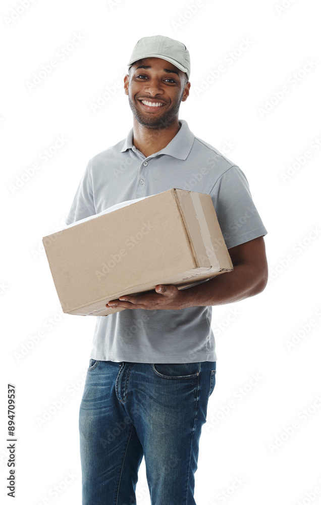 Box, ecommerce and portrait with delivery man in studio isolated on white background for commercial logistics. Cardboard, package and smile of post office employee with parcel for online shopping Box, ecommerce and portrait with delivery man in studio isolated on white background for commercial logistics. Cardboard, package and smile of post office employee with parcel for online shopping