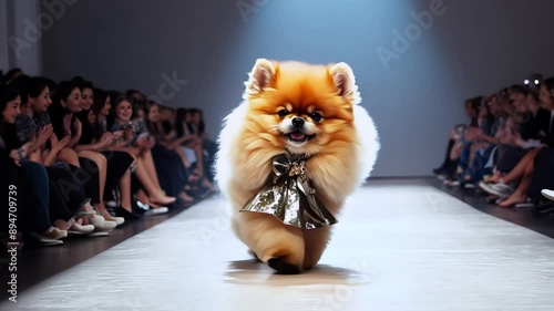 puppy parades on the catwalk, fashion show. Generative Ai photo