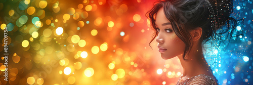 Portrait of a fashionable brunette woman. Beautiful girl against a background of sparkling bokeh.