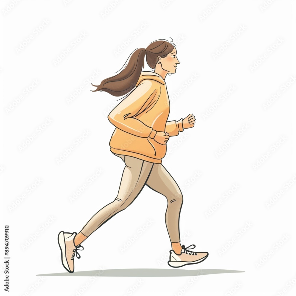 Fototapeta premium オレンジのパーカーを着て走るポニーテールの女性のイラスト。