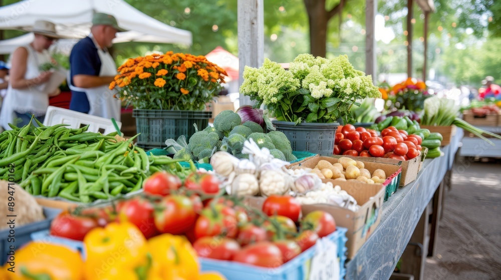 A variety of vegetables like tomatoes, beans, and garlic alongside colorful flowers neatly arranged at an outdoor market on a sunny day with people in the background shopping. A variety of vegetables like tomatoes, beans, and garlic alongside colorful flowers neatly arranged at an outdoor market on a sunny day with people in the background shopping.
