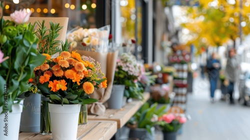 A colorful array of various flowers and plants are showcased outside a flower shop on a lively urban street, capturing the essence of natural beauty and human activity in the area.