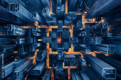 a top down view of a city with skycrapper but in a maze-like surreal architecture design