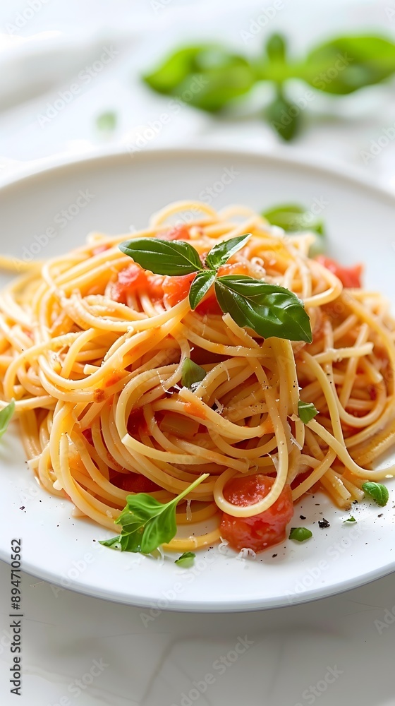 Delectable Spaghetti Dish with Fresh Tomato Sauce and Basil Garnish Delectable Spaghetti Dish with Fresh Tomato Sauce and Basil Garnish