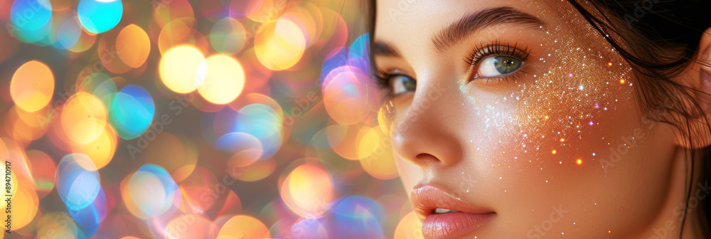 Portrait of a fashionable brunette woman. Beautiful girl against a background of sparkling bokeh. Portrait of a fashionable brunette woman. Beautiful girl against a background of sparkling bokeh.
