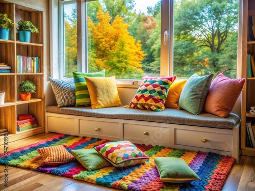 Cozy reading nook with open children's book, colorful rug, and comfortable pillows, evoking a sense of warmth and learning, perfect for educational settings. photo