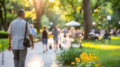 Fototapeta Naklejka Na Ścianę i Meble -  Individuals stroll through a sunlit park enjoying the lush greenery and flowers, capturing the essence of relaxation and connection with nature as they move through a serene, natural setting.