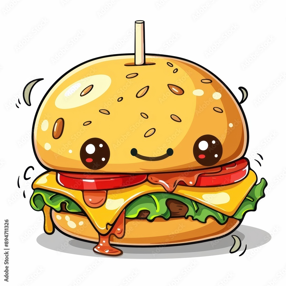 Cute kawaii cheeseburger character with lettuce, tomato, and dripping ...
