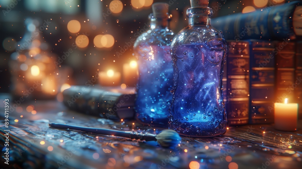 A wooden table with a blue bottle filled with a glowing, shimmering liquid, a stack of books, a brush, and candles. A wooden table with a blue bottle filled with a glowing, shimmering liquid, a stack of books, a brush, and candles.