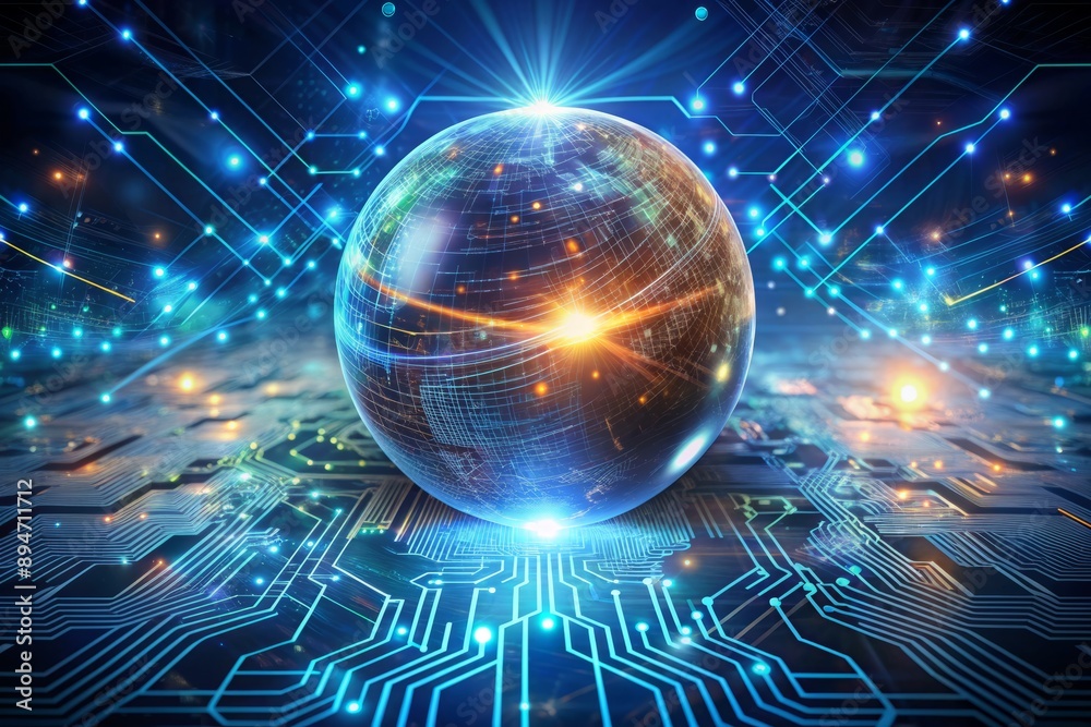A futuristic, glowing, virtual metaverse universe sphere surrounded by swirling code lines and circuit boards, representing innovative digital transformation and next-gen tech. A futuristic, glowing, virtual metaverse universe sphere surrounded by swirling code lines and circuit boards, representing innovative digital transformation and next-gen tech.