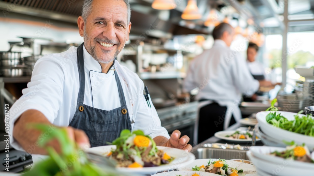 A smiling chef in a white uniform presents a gourmet dish at a counter in a bustling kitchen, representing his skill, passion, and an inviting atmosphere filled with culinary activities. A smiling chef in a white uniform presents a gourmet dish at a counter in a bustling kitchen, representing his skill, passion, and an inviting atmosphere filled with culinary activities.