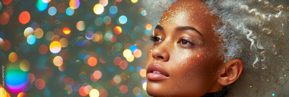 Portrait of a fashionable African American woman with white, gray hair. Beautiful girl against a background of sparkling bokeh. Portrait of a fashionable African American woman with white, gray hair. Beautiful girl against a background of sparkling bokeh.